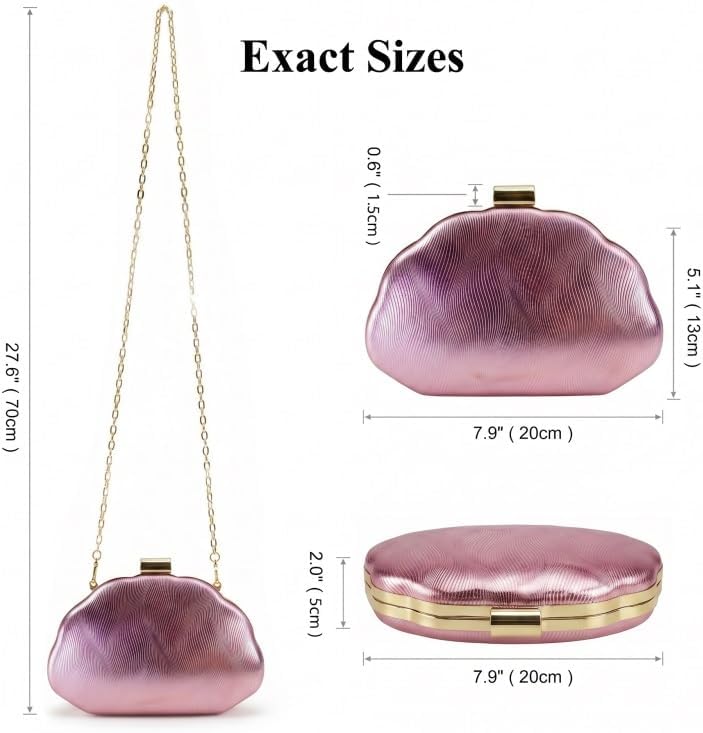 Women Metallic Shell Shaped Evening Clutch Purse, Wavy Textured Ruched Handbag, Crossbody Shoulder Bag Formal Hand Bag