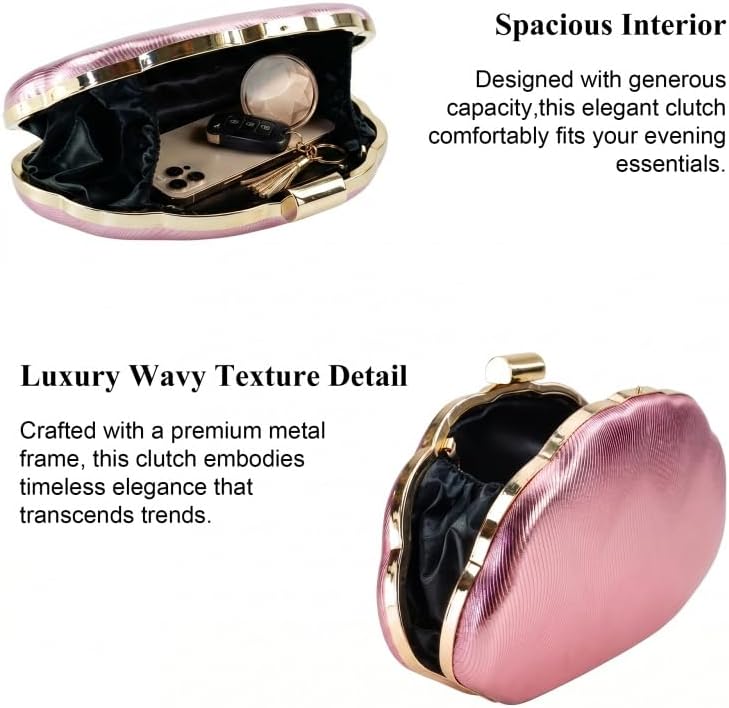 Women Metallic Shell Shaped Evening Clutch Purse, Wavy Textured Ruched Handbag, Crossbody Shoulder Bag Formal Hand Bag