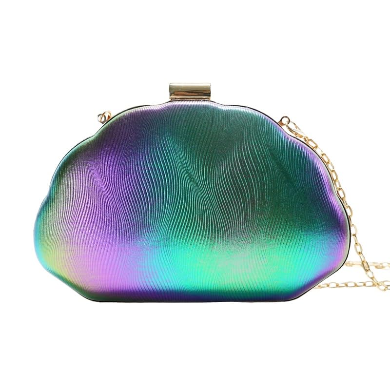 Women Metallic Shell Shaped Evening Clutch Purse, Wavy Textured Ruched Handbag, Crossbody Shoulder Bag Formal Hand Bag