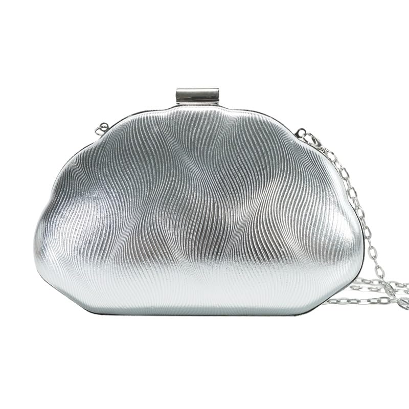 Women Metallic Shell Shaped Evening Clutch Purse, Wavy Textured Ruched Handbag, Crossbody Shoulder Bag Formal Hand Bag