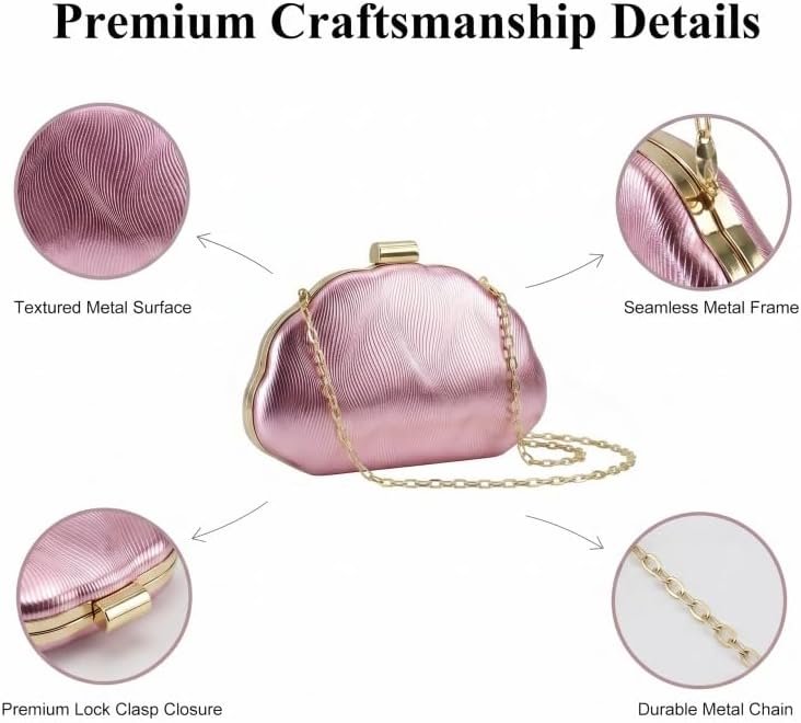 Women Metallic Shell Shaped Evening Clutch Purse, Wavy Textured Ruched Handbag, Crossbody Shoulder Bag Formal Hand Bag