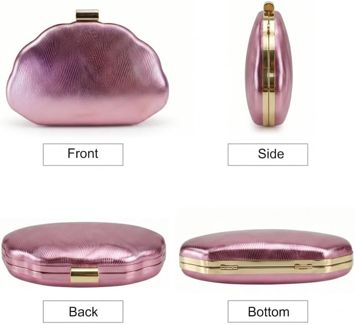 Women Metallic Shell Shaped Evening Clutch Purse, Wavy Textured Ruched Handbag, Crossbody Shoulder Bag Formal Hand Bag