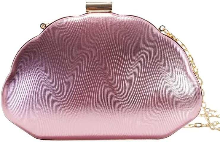 Women Metallic Shell Shaped Evening Clutch Purse, Wavy Textured Ruched Handbag, Crossbody Shoulder Bag Formal Hand Bag