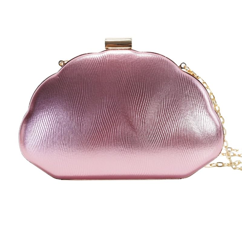 Women Metallic Shell Shaped Evening Clutch Purse, Wavy Textured Ruched Handbag, Crossbody Shoulder Bag Formal Hand Bag