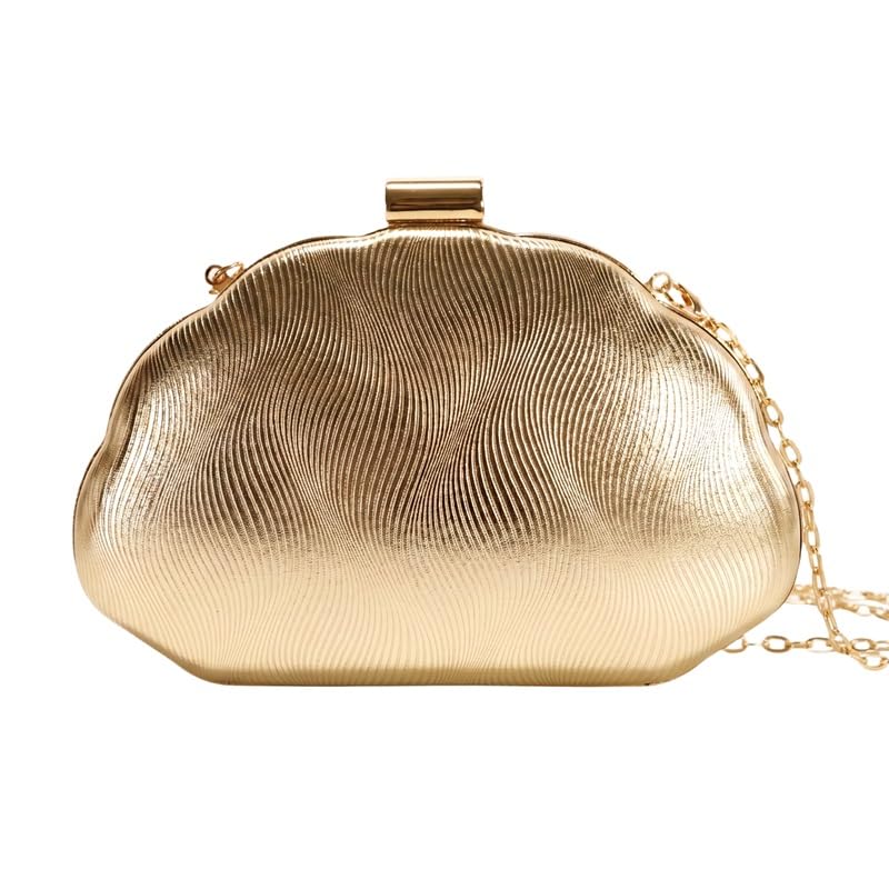 Women Metallic Shell Shaped Evening Clutch Purse, Wavy Textured Ruched Handbag, Crossbody Shoulder Bag Formal Hand Bag